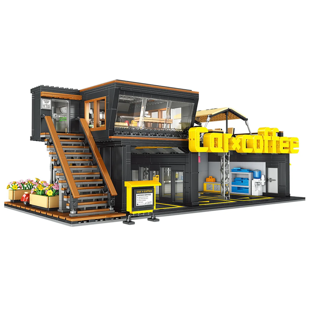 Kids Toys Store - ร้านซ่อมรถกาแฟ คลับรถกาแฟ ตัวต่อ 2496 ชิ้น ร้านกาแฟสตรีทวิว