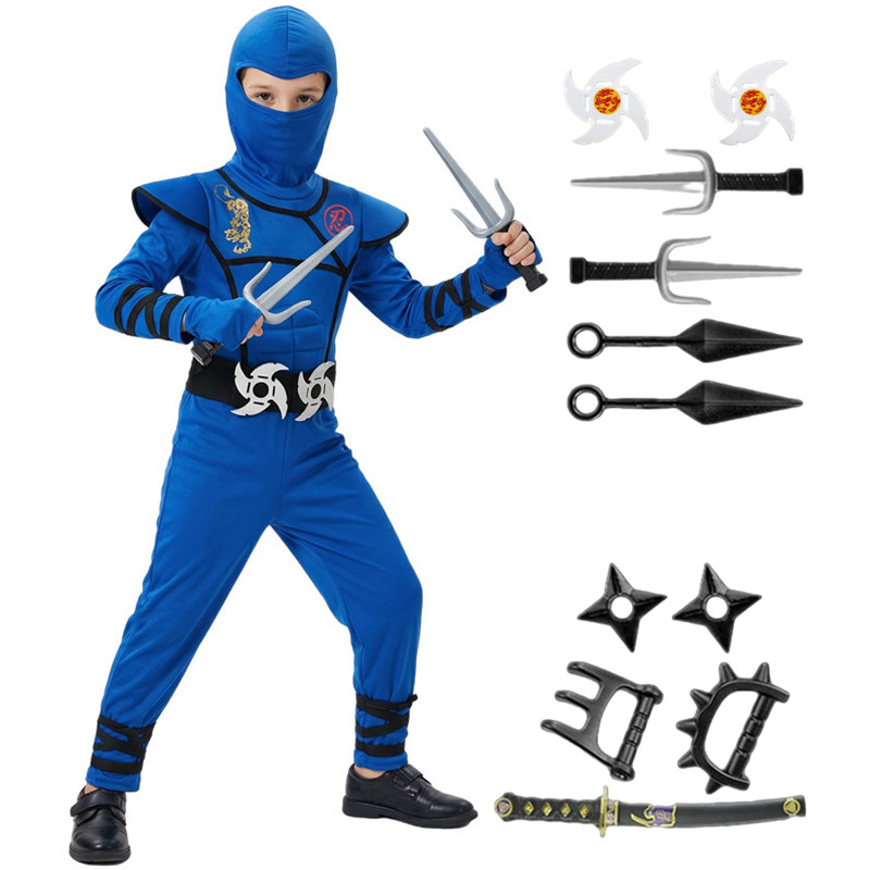 Kids Toys Japan - ชุดนินจาสีดำและสีน้ำเงินสำหรับเด็ก ชุดคอสเพลย์ปาร์ตี้ฮาโลวีน พร้อมหน้ากากของเล่น ของขวัญสำหรับเด็กชายและเด็กหญิง ชุดแฟนซีสำหรับงานปาร์ตี้วันหยุด