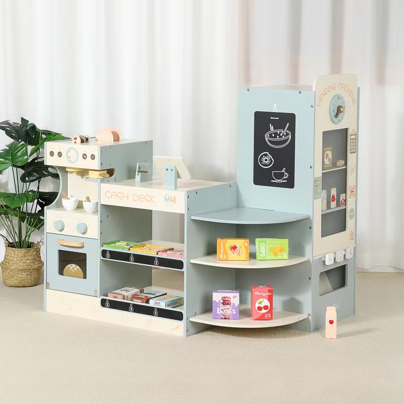 Kids Toys Store - ชุดของเล่นร้านขายของชำไม้สำหรับเด็ก ชุดของเล่นร้านค้าไม้ ซูเปอร์มาร์เก็ตไม้ พร้อมเครื่องคิดเงินสดและเครื่องขายกาแฟ