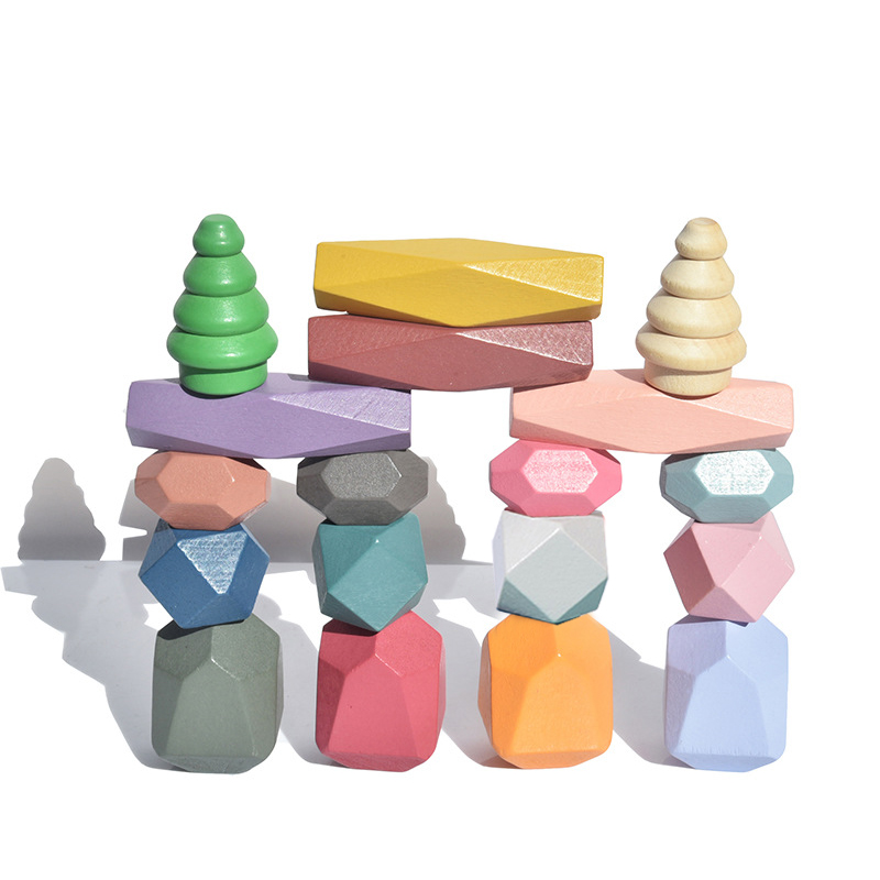 Wooden Blocks Stacking - 18 ชิ้นไม้ซ้อน Rocks Building Blocks, สีไม้หินก่อนวัยเรียนเกมการศึกษาของเล่นสําหรับเด็กวัยหัดเดิน