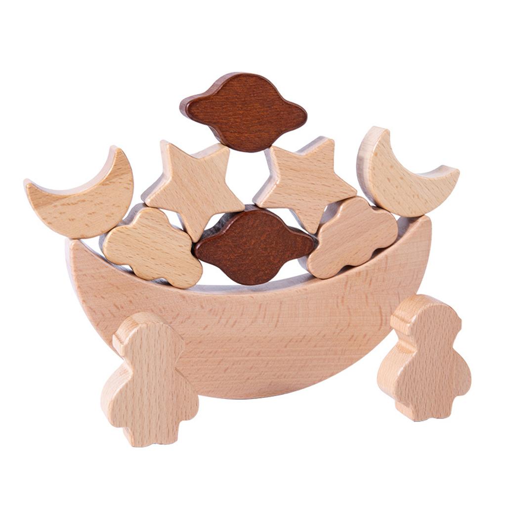 Wooden Blocks Stacking - ของเล่นมอนเตสซอรี่ บล็อกวางซ้อนรูปพระจันทร์ ของเล่นเสริมพัฒนาการ ตัวต่อจิ๊กซอว์ บล็อกทรงดาว สำหรับเด็ก
