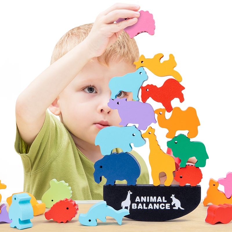Wooden Blocks Stacking - ของเล่นไม้เสริมพัฒนาการเด็กแบบมอนเตสซอรี่ บล็อกไม้รูปสัตว์ ของเล่นเสริมทักษะการทรงตัว ไดโนเสาร์ ของเล่นไม้แบบต่อเป็นชั้นสูง ของเล่นไม้สำหรับเด็กผู้ชาย