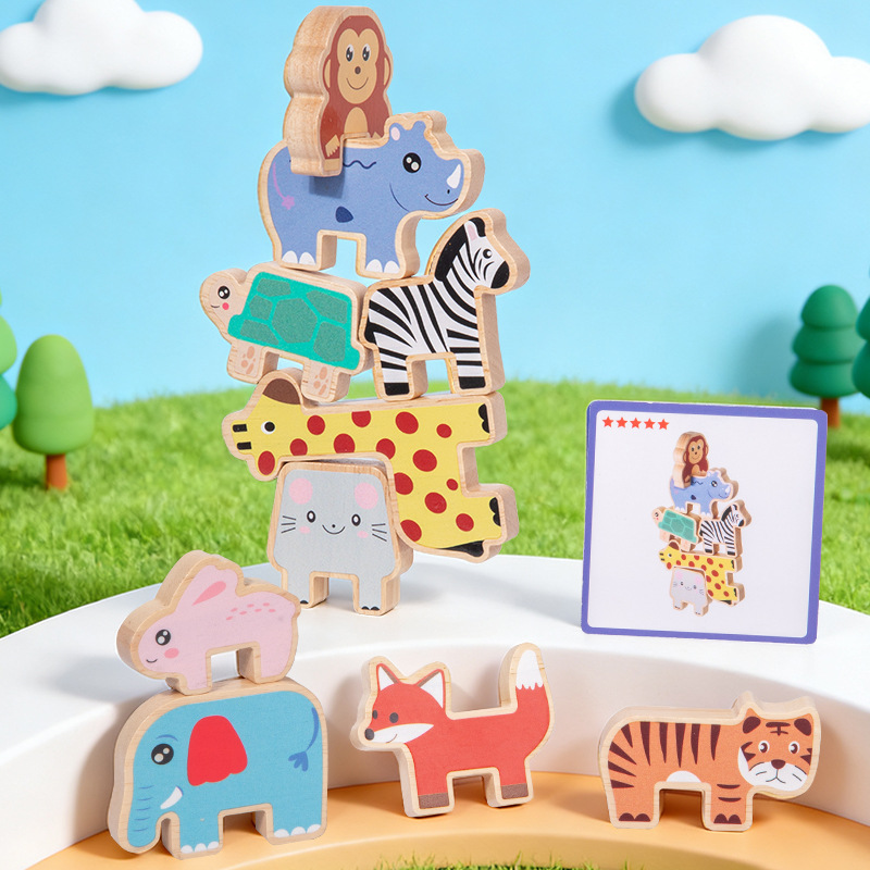 Wooden Blocks Stacking - บล็อกไม้รูปสัตว์สำหรับเล่นจัดเรียงและทรงตัว เกมเสริมพัฒนาการแบบมอนเตสซอรี่ ของเล่นฝึกการทรงตัวสำหรับเด็ก ของเล่นฝึกการรับรู้ทางประสาทสัมผัสและพัฒนากล้ามเนื้อมัดเล็ก