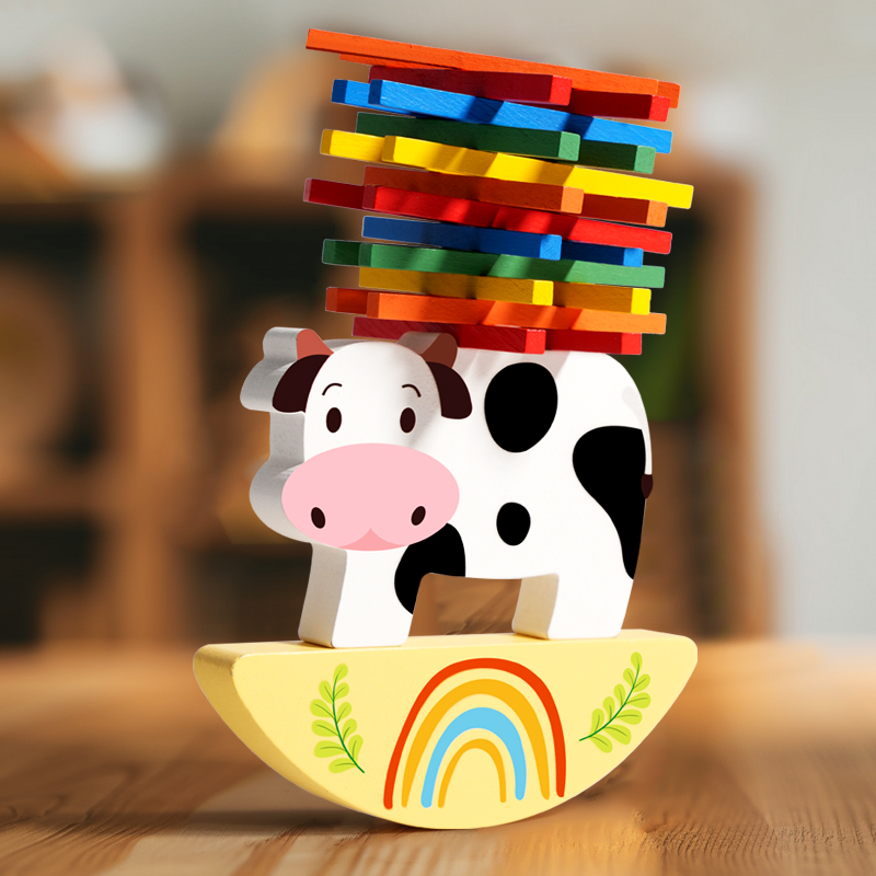 Wooden Blocks Stacking - สัตว์ไม้ซ้อนบล็อกเกมวัวซ้อนของเล่น Montessori Fine มอเตอร์การฝึกอบรมของเล่นเพื่อการศึกษาเด็กเด็ก