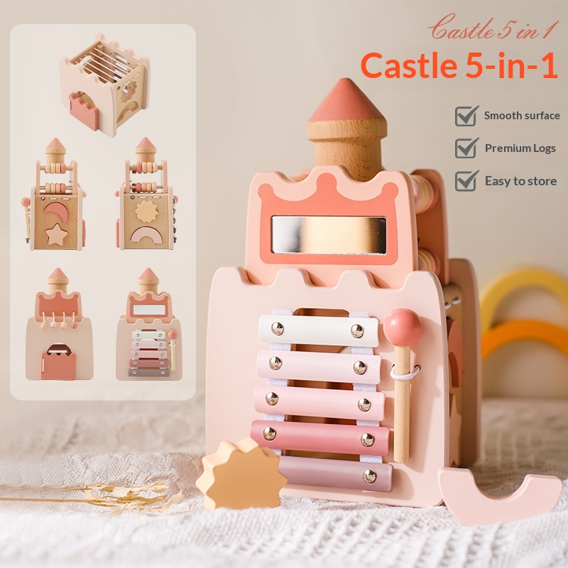 Kids Toys Xylophone - ของเล่นไม้รูปทรงปราสาท 5 in 1 ลูกบาศก์กิจกรรมเสริมพัฒนาการเด็กเล็ก ของเล่นจับคู่รูปทรง
