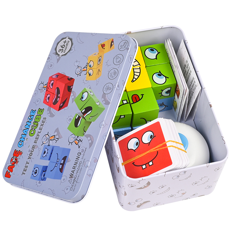 Wooden Blocks Stacking - การเรียนรู้ขนาดใหญ่ชุดของเล่นเพื่อการศึกษาการ์ด Emoticon ปริศนาเปลี่ยนใบหน้าก้อนของเล่นไม้ Building Blocks เกมสําหรับเด็ก