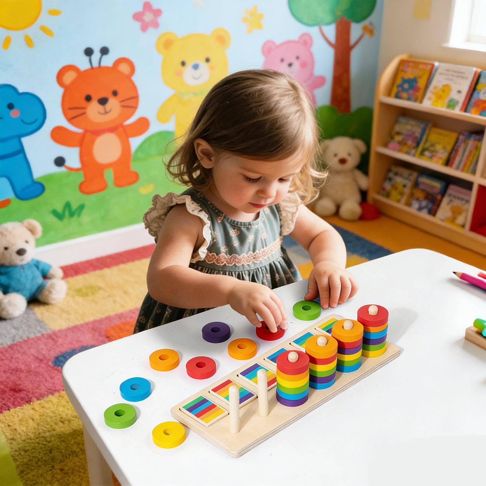 Wooden Blocks Stacking - ของเล่นไม้แบบซ้อนกัน บล็อกการเรียนรู้เพื่อการศึกษา เกมจับคู่สี สำหรับเด็กอายุ 3 ปี