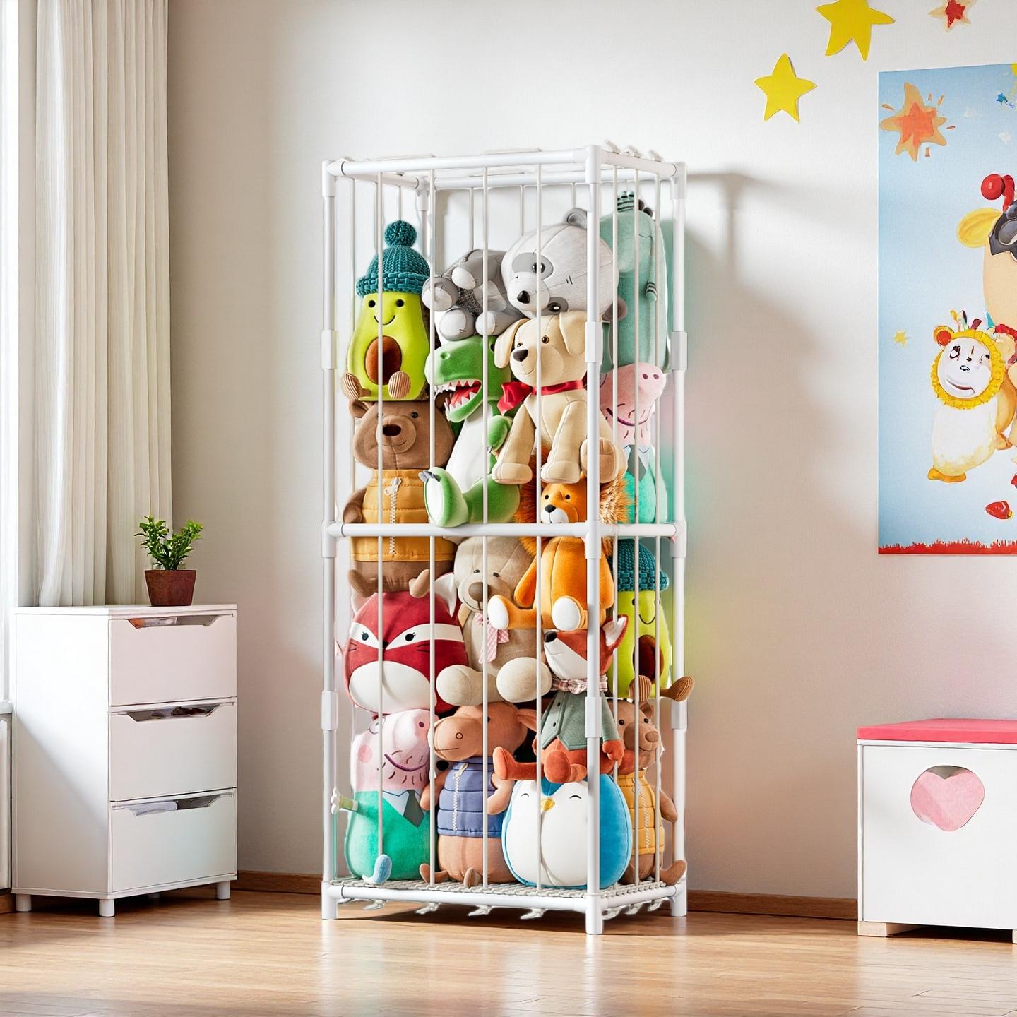 Kids & Toys Expo Saudi Arabia - ที่เก็บของแนวตั้งสำหรับตุ๊กตาสัตว์ ชั้นวางของเล่นตุ๊กตาธีมสวนสัตว์ โครงเหล็กประหยัดพื้นที่พร้อมตาข่ายยืดหยุ่น ชั้นวางมุมแบบตั้งอิสระสำหรับจัดเก็บของในห้องเด็กเล่น ห้องนอนเด็ก ห้องเด็กอ่อน