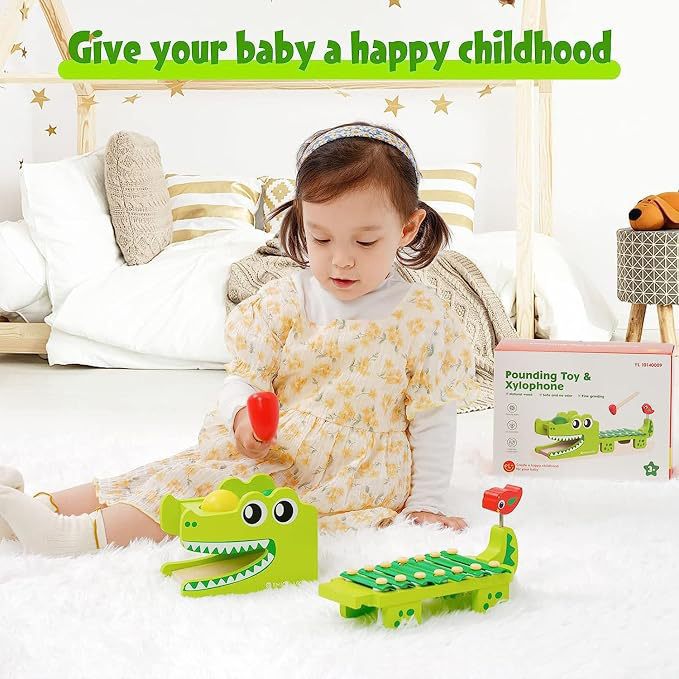 Kids Toys Xylophone - ของเล่นไม้มอนเตสซอรี่รูปจระเข้พร้อมค้อนตีลูกบอล เครื่องดนตรีเพื่อการศึกษาปฐมวัยสำหรับเด็กก่อนวัยเรียน