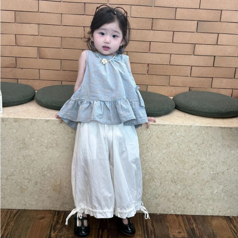 Kids & Toys Expo Saudi Arabia - เสื้อแขนกุดสไตล์เกาหลี แต่งระบาย ขอบลูกไม้ กางเกงขายาว ชุดลำลองสำหรับเด็ก