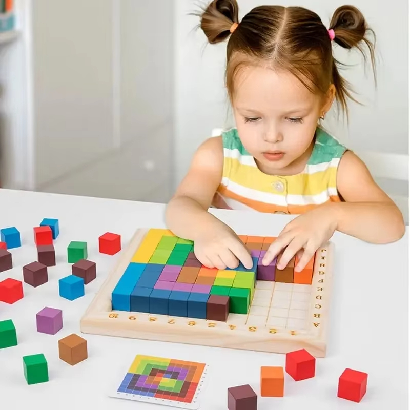 Wooden Blocks Stacking - มอนเตสซอรี่ บล็อกไม้เสริมพัฒนาการ ฝึกนับสี ตัวต่อจิ๊กซอว์ 10*10 ชิ้น