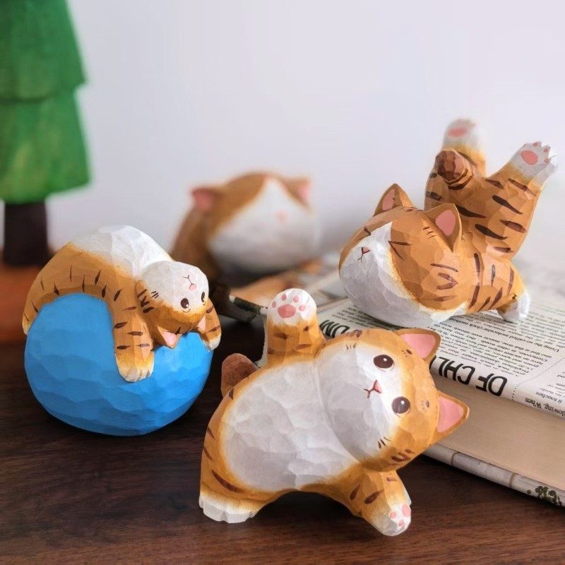Kids Yoga Toys - รูปปั้นแมวโยคะทำมือจากไม้ ของตกแต่งบ้านรูปแมวน่ารัก งานแกะสลักขนาดเล็กน่ารัก ของเล่นการ์ตูนสำหรับเด็ก ของขวัญวันหยุดสุดสร้างสรรค์